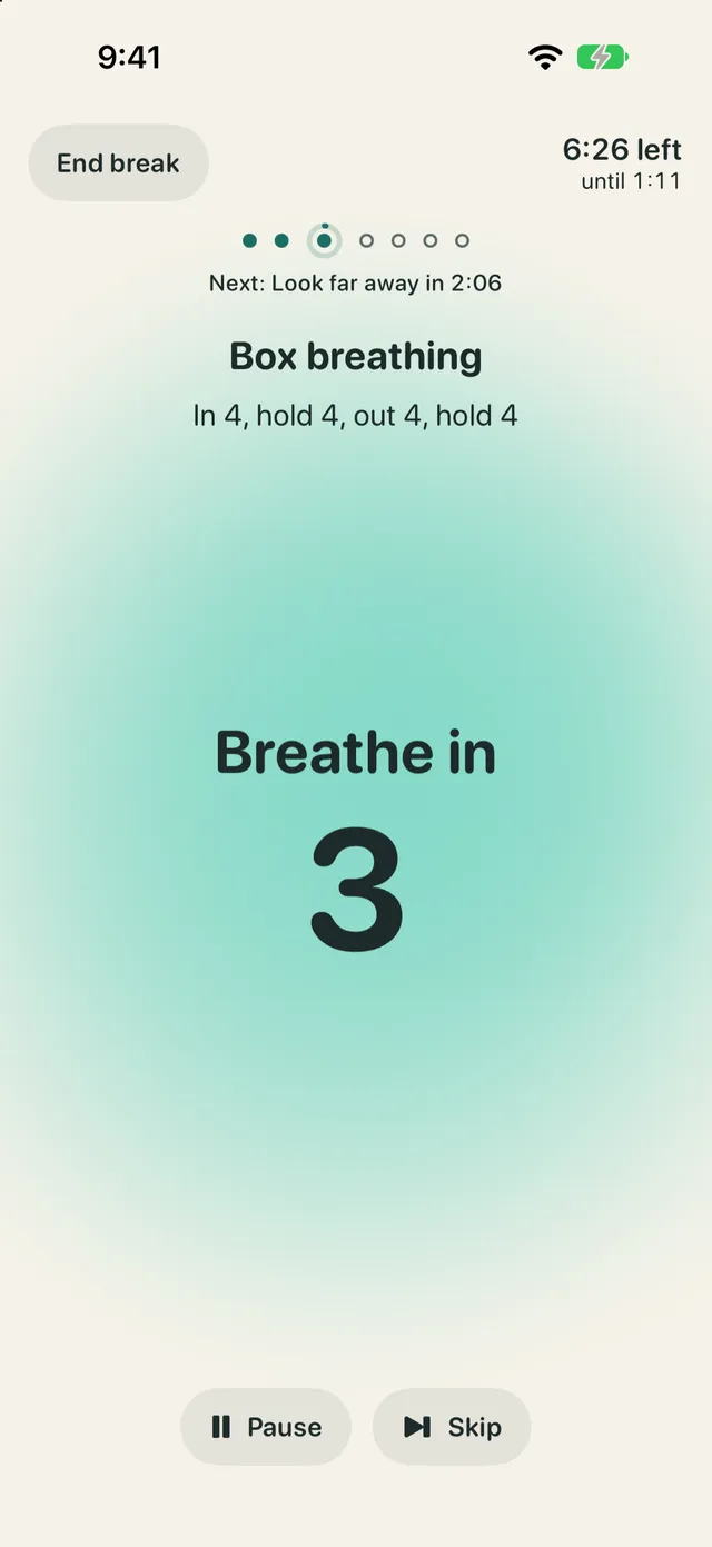 A break with Tochi, box breathing step: a soft teal glow fills the screen around "Breathe in" and a large 3. In 4, hold 4, out 4, hold 4. The break has 6:26 left.