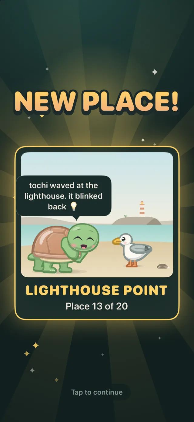 TimeTurtle's New place! celebration: a postcard of Lighthouse Point, place 13 of 20, where Tochi waves at a gull and says "tochi waved at the lighthouse. it blinked back".