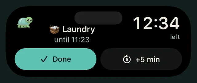 TimeTurtle in the expanded Dynamic Island: Laundry has 12:34 left, until 11:23, with Done and +5 min buttons.