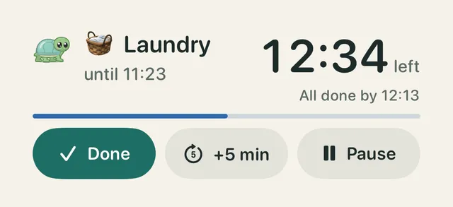 TimeTurtle's Live Activity on the Lock Screen: Laundry has 12:34 left, until 11:23, All done by 12:13, with Done, +5 min, and Pause buttons.