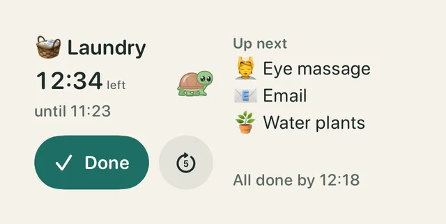 TimeTurtle's medium Home Screen widget: Laundry has 12:34 left, until 11:23, with a Done button. Up next: Eye massage, Email, and Water plants. All done by 12:18.