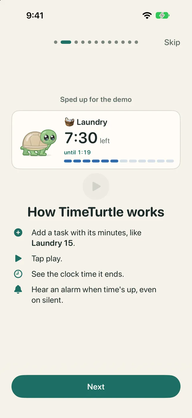 TimeTurtle's intro screen, How TimeTurtle works: a demo timer for Laundry shows 7:30 left. Add a task with its minutes, tap play, see the clock time it ends, and hear an alarm when time's up, even on silent.