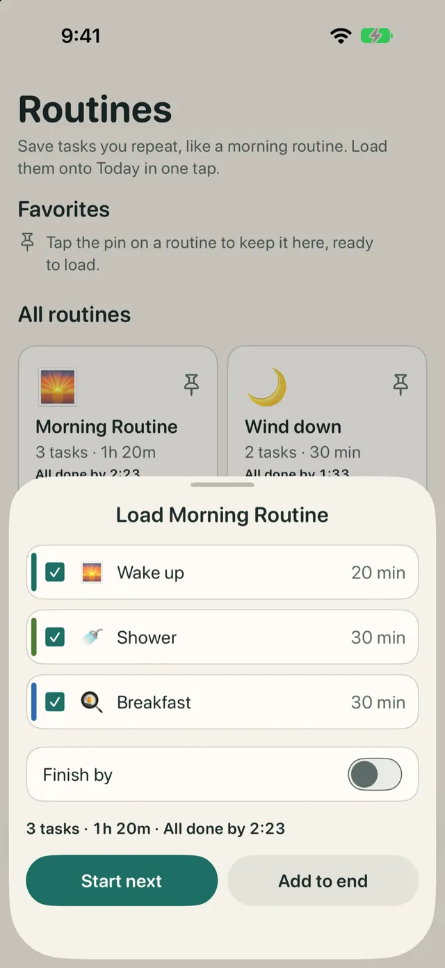 TimeTurtle's Load Morning Routine sheet: Wake up 20 min, Shower 30 min, and Breakfast 30 min, all checked. 3 tasks, 1h 20m, All done by 2:23, with Start next and Add to end buttons.