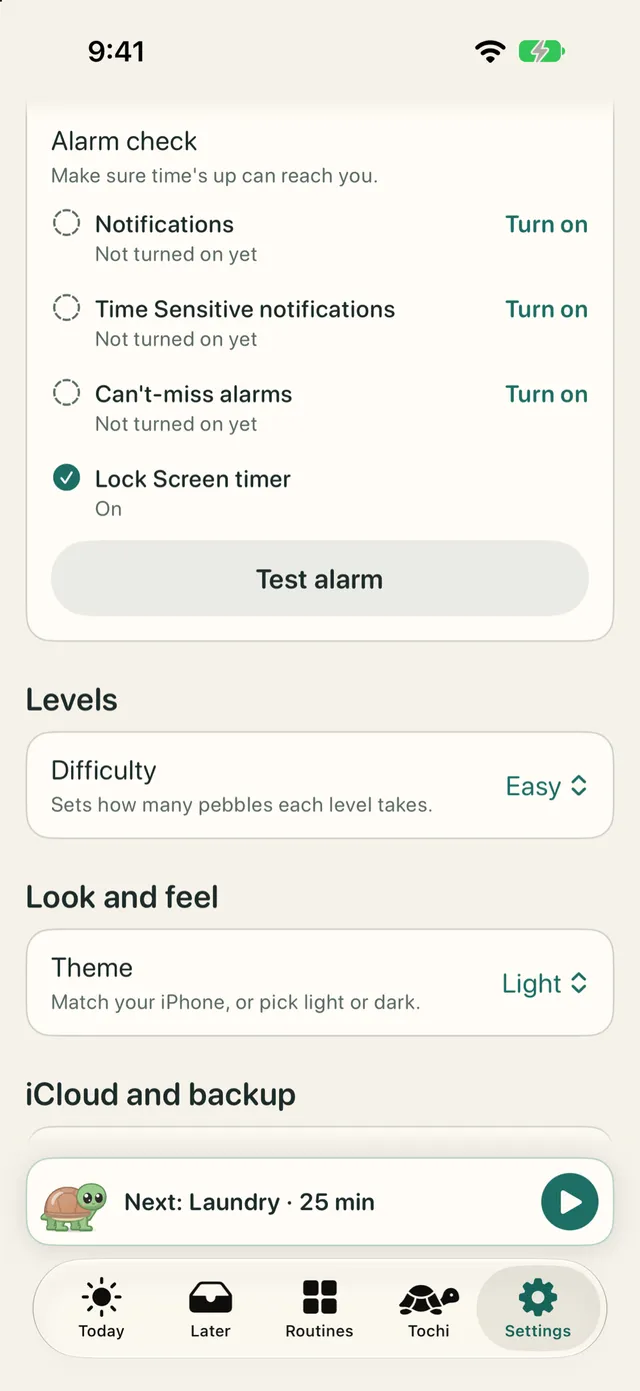 TimeTurtle's Alarm check in Settings: Notifications, Time Sensitive notifications, and Can't-miss alarms each have a Turn on button, Lock Screen timer is on, and a Test alarm button sits below.
