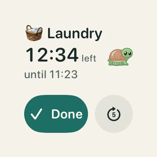 TimeTurtle's small Home Screen widget: Laundry has 12:34 left, until 11:23, with Tochi, a Done button, and a +5 button.