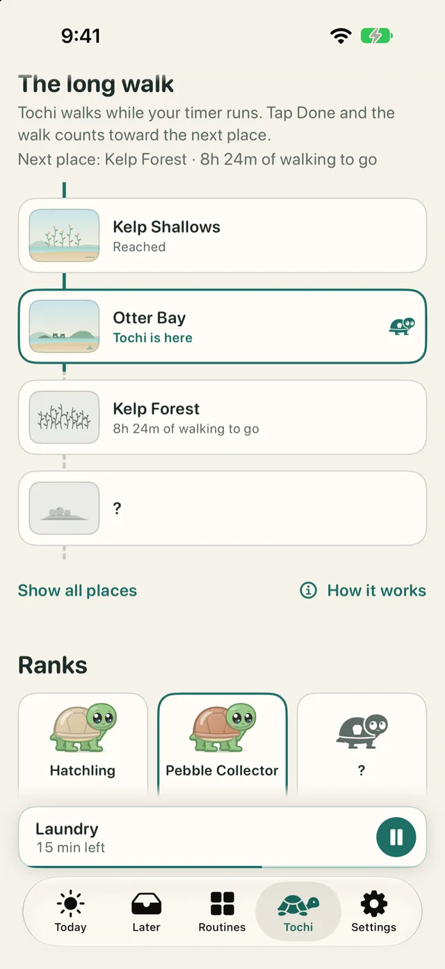 The long walk on TimeTurtle's Tochi tab: Kelp Shallows is reached, Tochi is here at Otter Bay, and Kelp Forest is 8h 24m of walking to go.