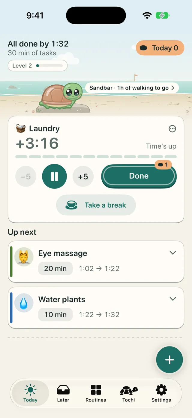 TimeTurtle's Today screen at time's up: Laundry shows +3:16 and "Time's up", and Tochi sits on a rock on the beach. All done by 1:32.