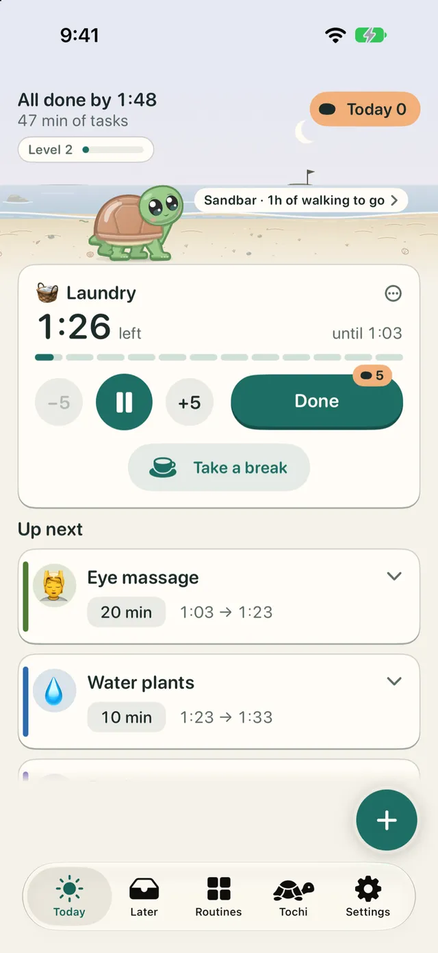 TimeTurtle's Today screen near the end of a task: Laundry has 1:26 left, until 1:03, and Tochi glances up as it walks. All done by 1:48.