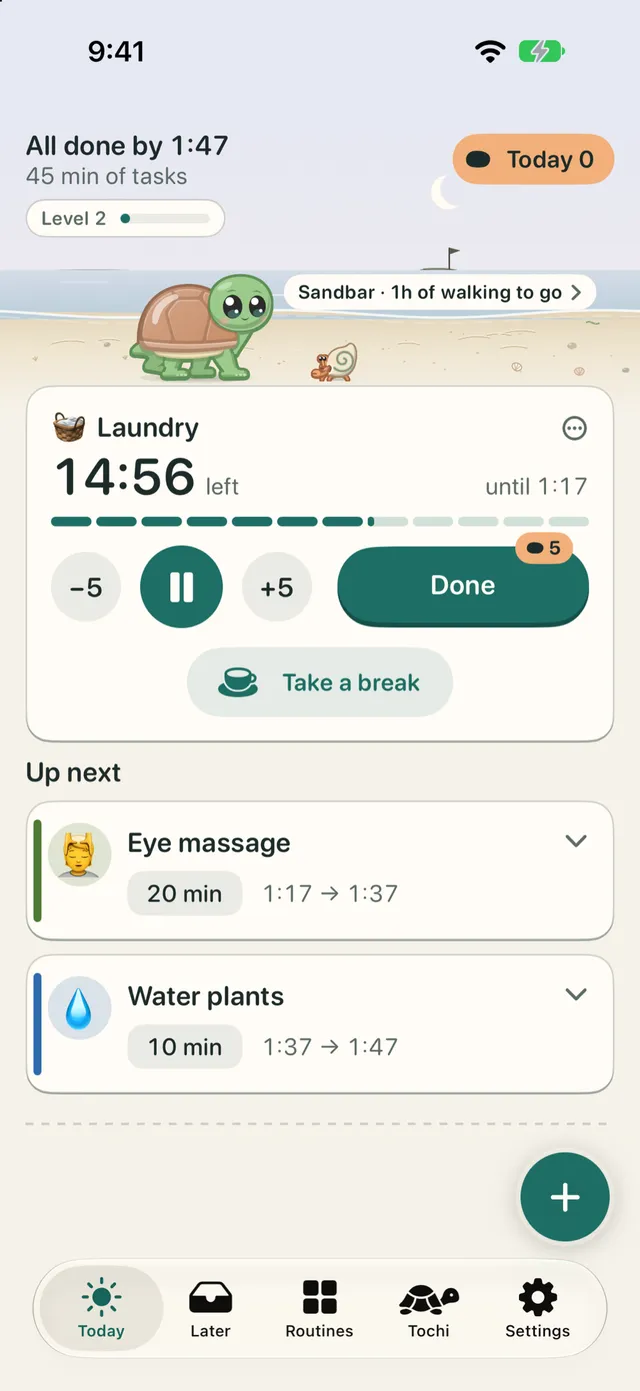 TimeTurtle's Today screen: Laundry has 14:56 left, until 1:17, with Tochi walking the shore above. Up next: Eye massage and Water plants. All done by 1:47.