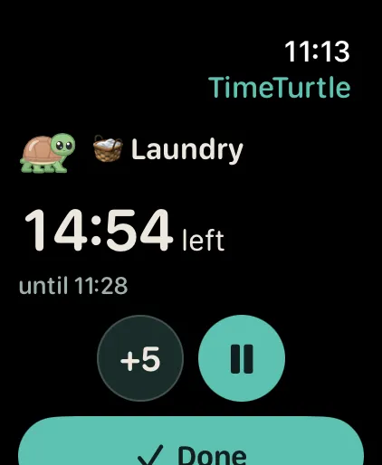TimeTurtle on Apple Watch: Laundry has 14:54 left, until 11:28, with +5, Pause, and Done buttons.